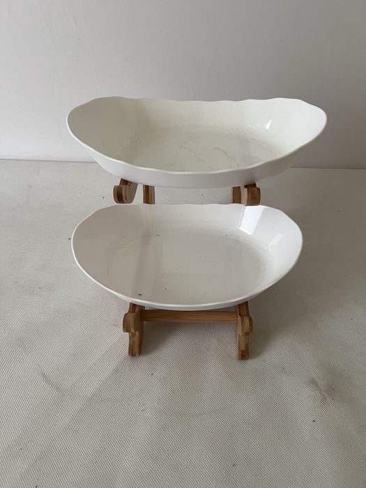 Dwupoziomowy kosz na owoce i warzywa, taca bambusowa, duża miska