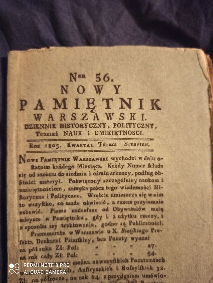 Zabytek Pamiętnik Warszawski 1805 r 2 szt