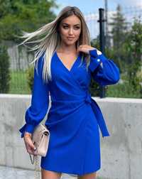 Chabrowa sukienka wiązana w pasie, niebieska L 40