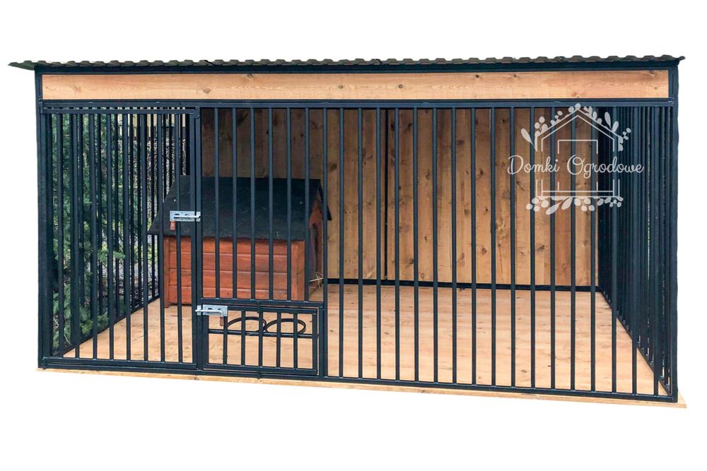 Kojec dla psów 3x2m Wiatrołap Drewniana podłoga Uchwyt na miski ID596