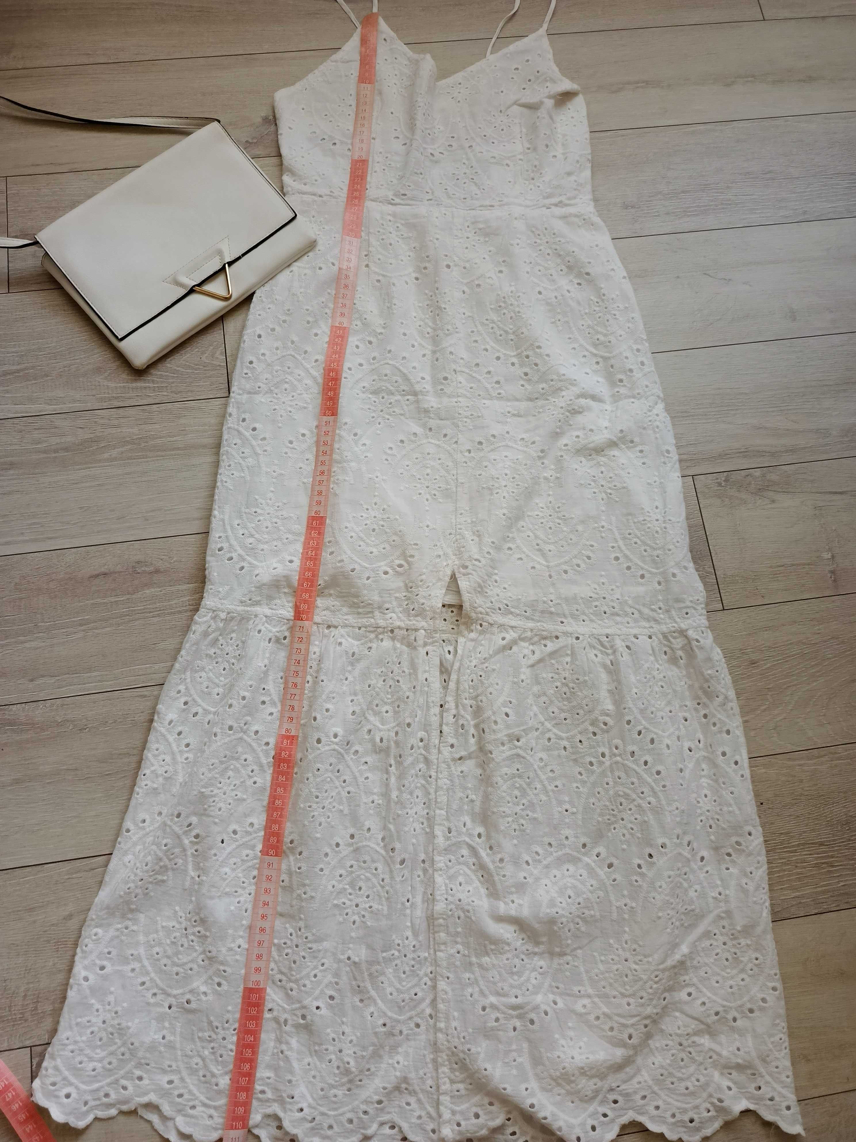 Sukienka ażurowa midi  na ramiączkach biała Boho S M wiązanie