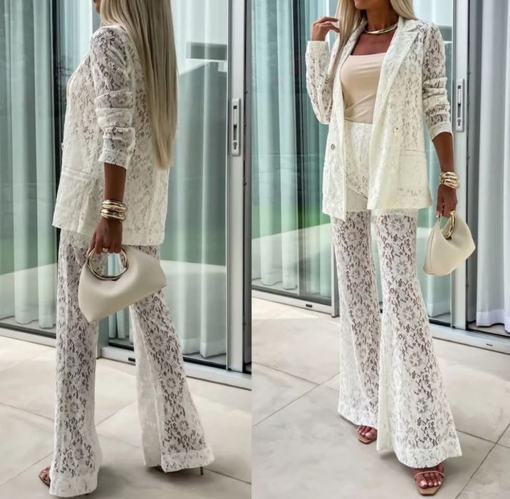 Garnitur koronkowy kremowy EDAN marynarka +dzwony Xs/34