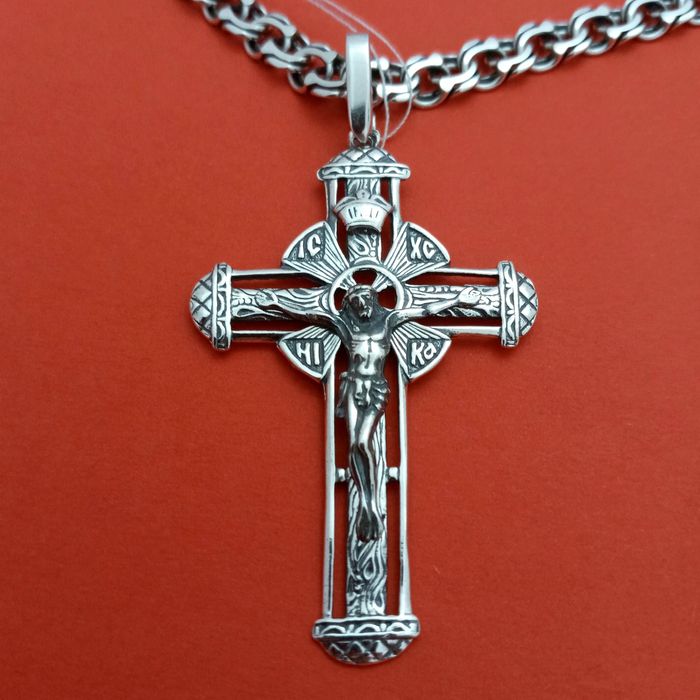 Комплект серебряный крест и цепочка бисмарк серебро крестик и цепь