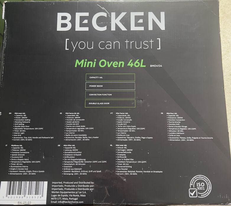 Mini-forno BECKEN BMO4134 (Capacidade: 46 L - 1800 W