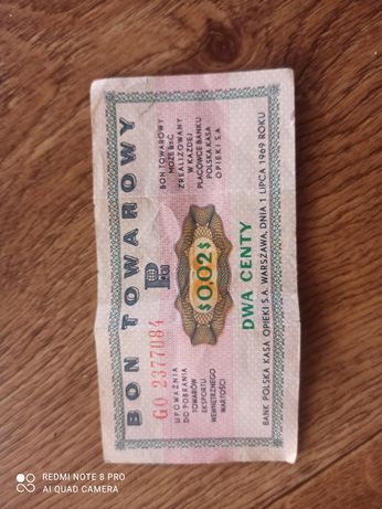 Bon towarowy 0,02 centy 1969 rok pekao
