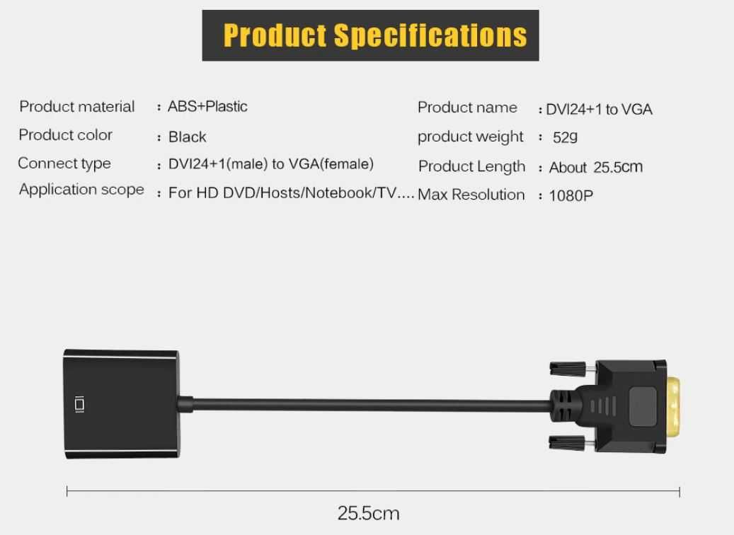 НОВЫЙ Переходник Full HD 1080P DVI-D DVI в VGA адаптер 25Pin в 15Pin