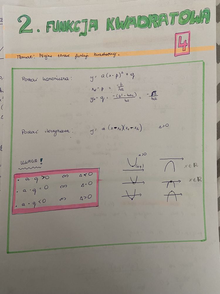 Notatki Funkcja Kwadratowa, matura matematyka rozszerzona, podstawowa