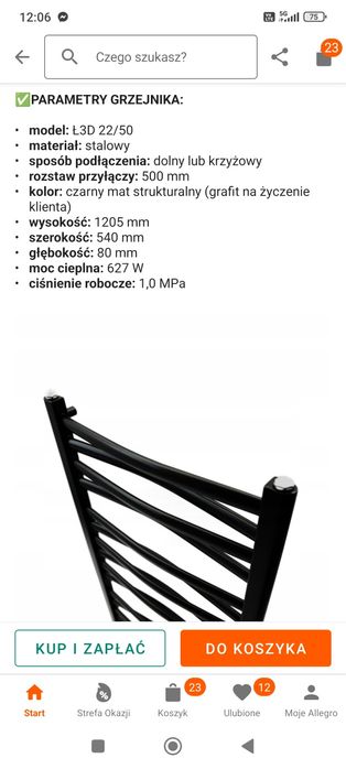 Grzejnik Ł3D czarny drabinka dekoracyjny 627W