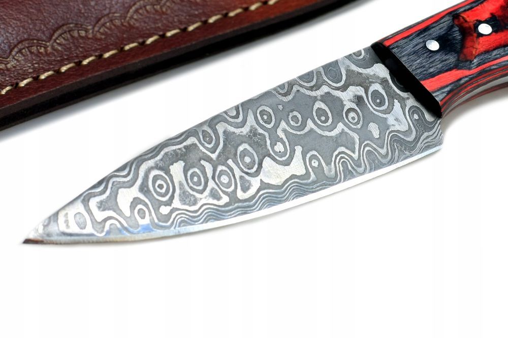 Nóż ręcznie wykonany bushcraft survival stal damasceńska skórzane etui