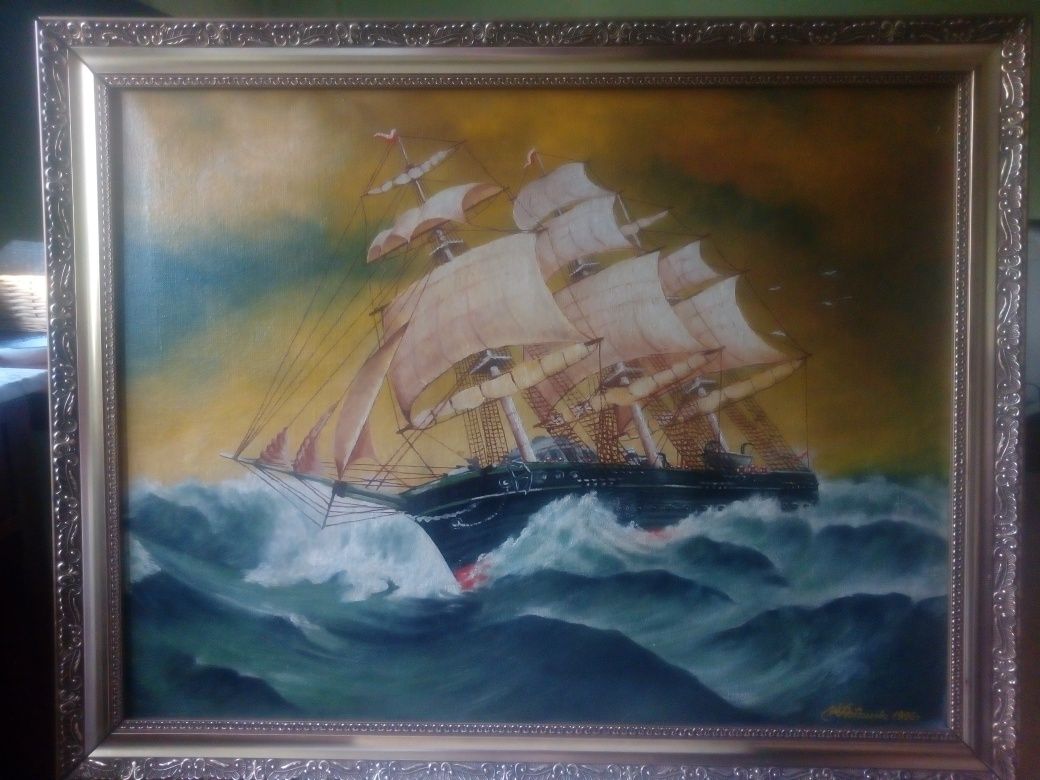 obraz olejny okręt (szkuner) na morzu