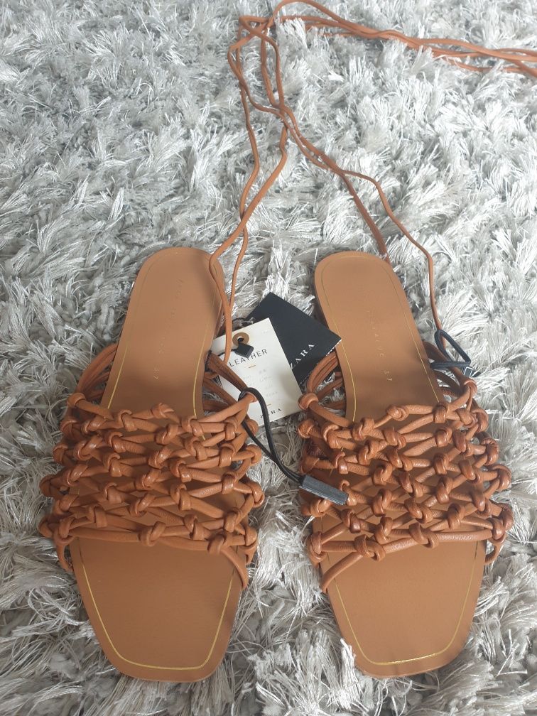 Zara 37 nowe sandaly skórzane karmelowe wiązane rzemyki brązowe skóra