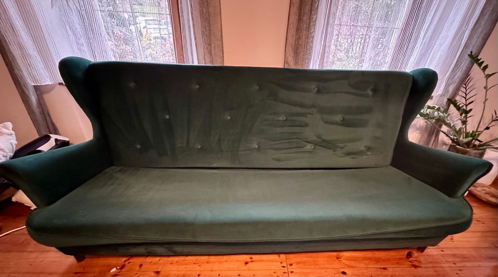 Sofa uszak 3  osobowa + fotel butelkowa zieleń (komplet)