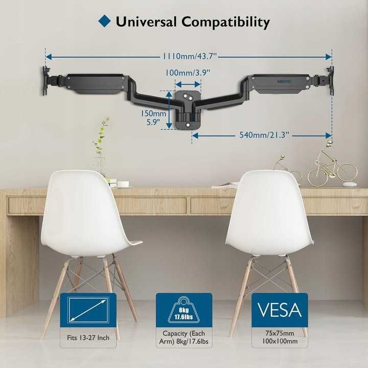 BONTEC GWM02 uchwyt na dwa  monitory 13-27" Ścienny  DO 8 KG