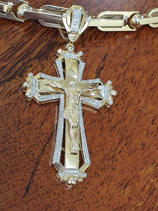 Złoty Łańcuch-128gr+KRZYŻ Z DIAMENTAMI-158 szt. - 0,80 ct.- próba 585.