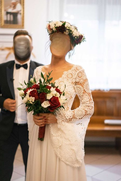 Suknia ślubna BOHO rozmiar XS-S piękna długa muślinowa koronka