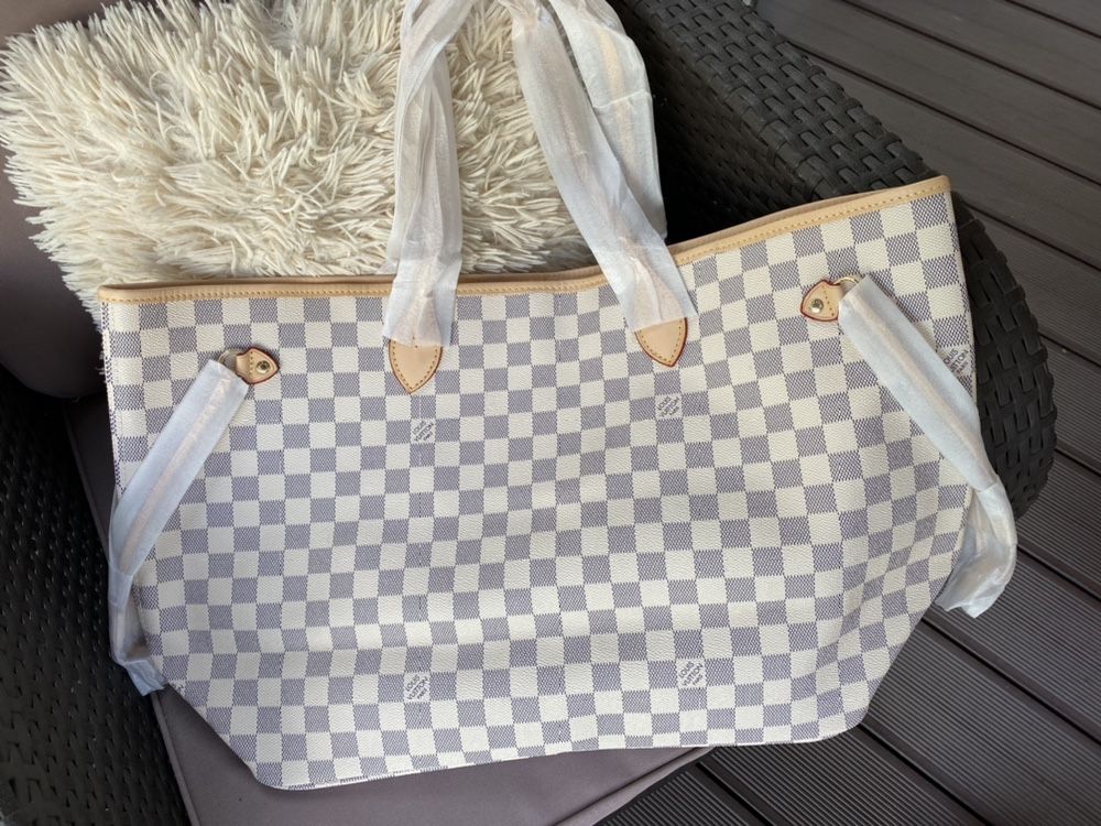 Torebka damska LV Louis Vuitton neverfull damier azur MM skóra róż