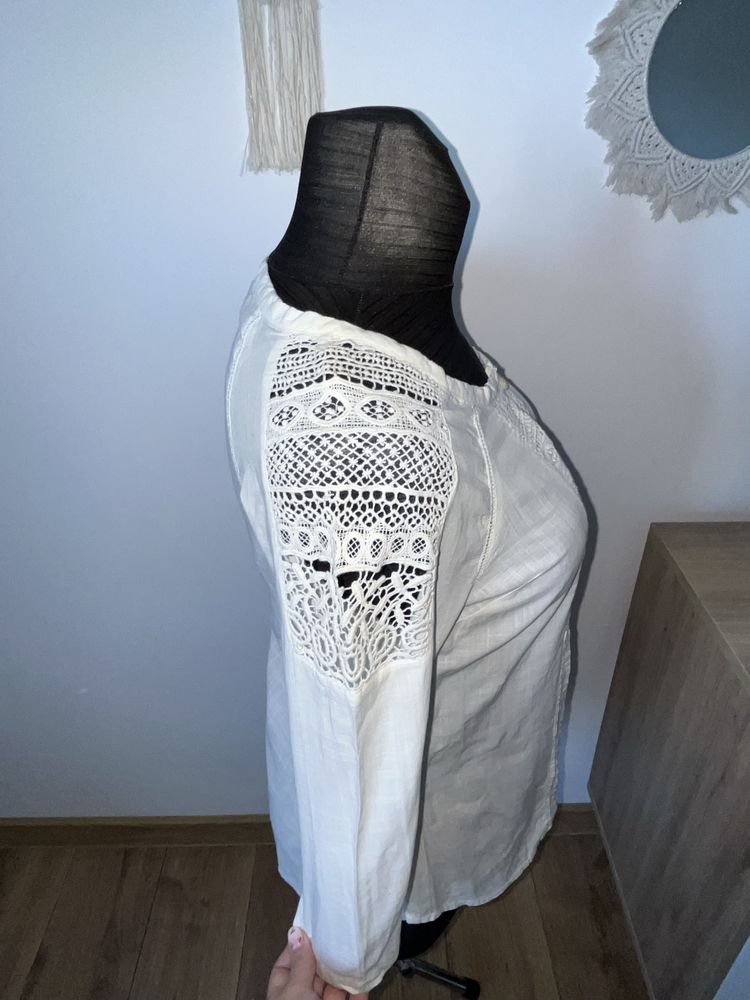 Bawełniana bluzka koszula etno boho folk z gipiurą biała S