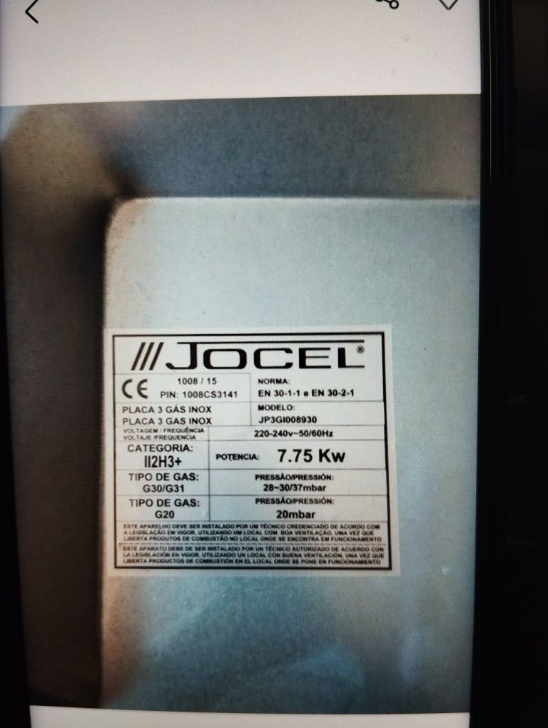 Placa gás em inox jocel