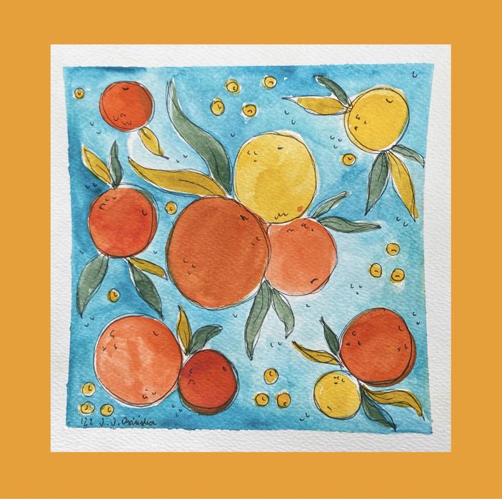 Ilustracja obrazek owoce pomarańcze liście boho akwarele wlochy