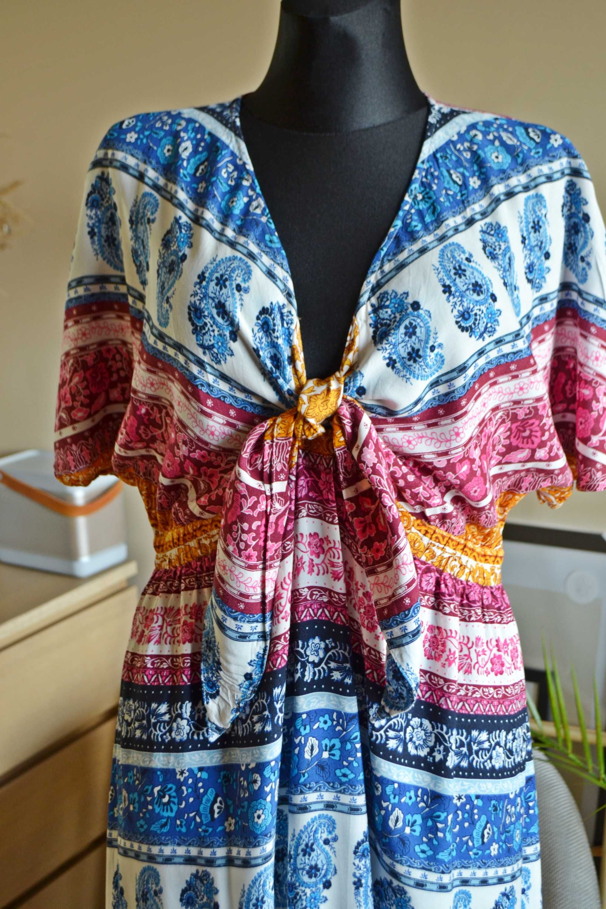Sukienka kolorowa boho hippie maxi długa falbana Monsoon we wzory M