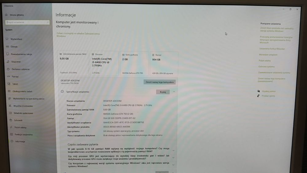 Komputer Lenovo 8GB ram, GTX 750 +monitor , klawiatura  i mysz