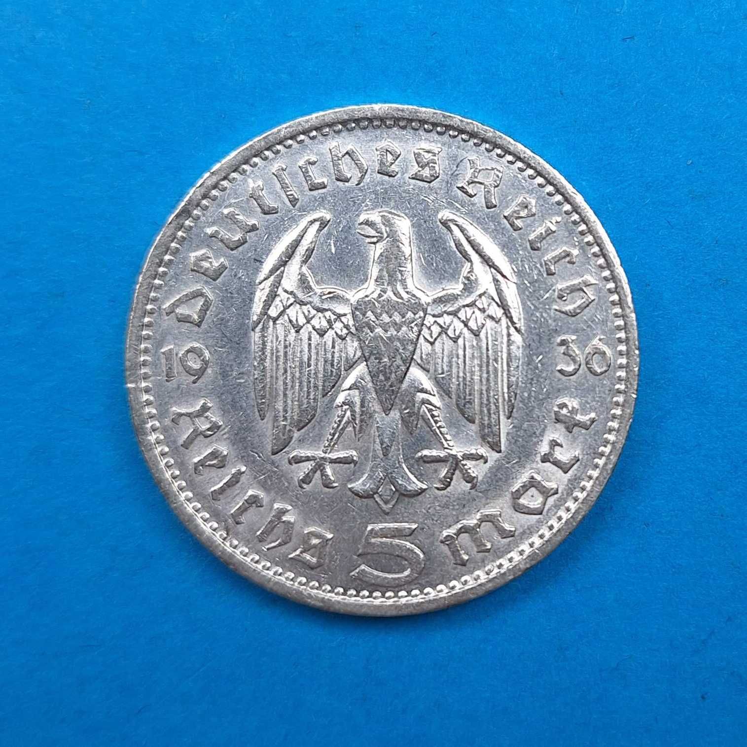 Niemcy III Rzesza 5 marek 1936 G, Hindenburg, bdb stan, srebro 0,900