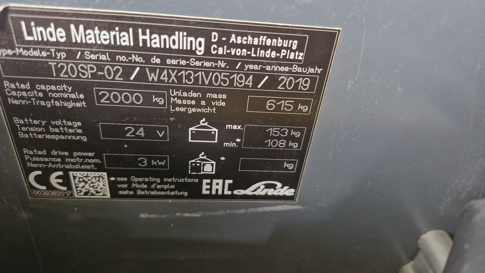 LINDE T20-SP-02 N20 T20 Wózek paletowy rydwan paleciak elektryczny