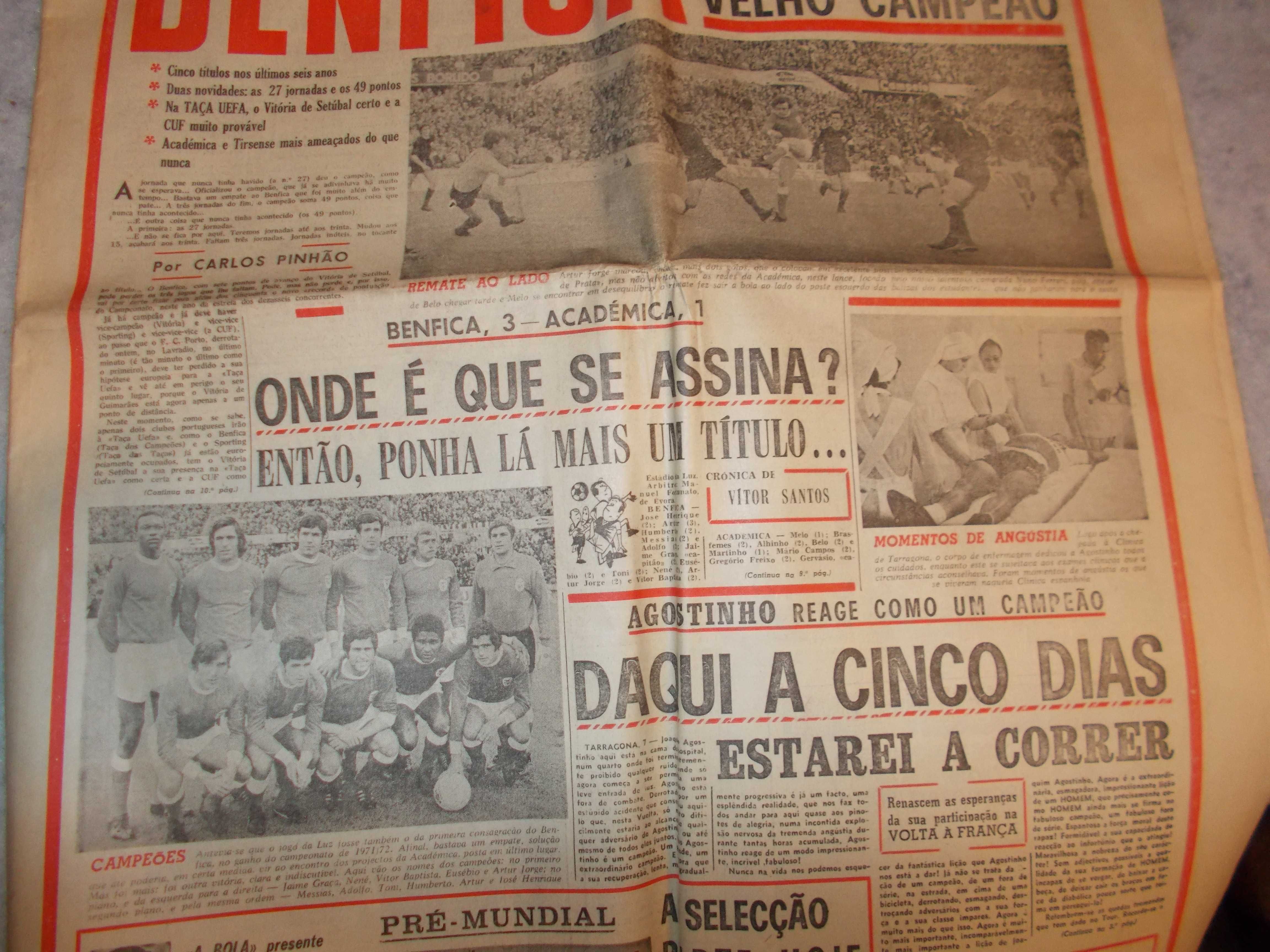 Jornal A Bola. 8 Maio 1972. Benfica Campeão.