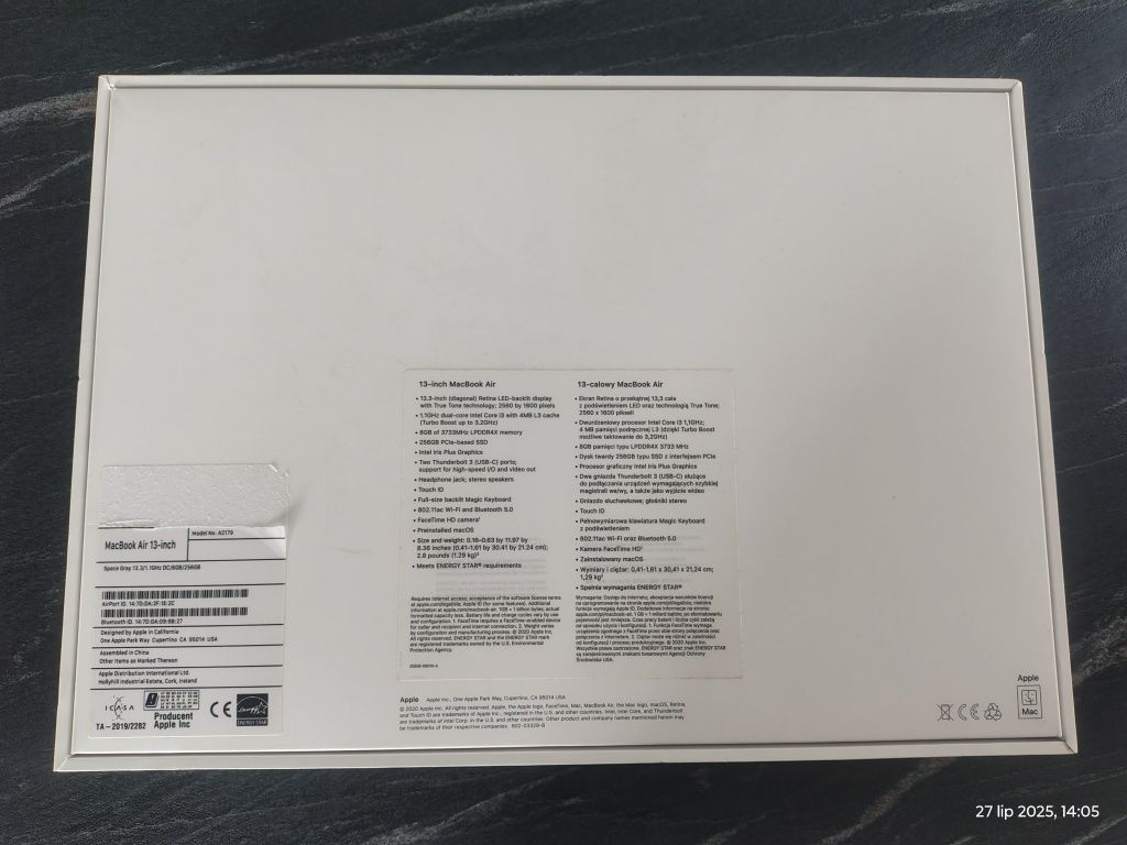 Pudełko od MacBook Air 13.3 cała A2179 Space Gray