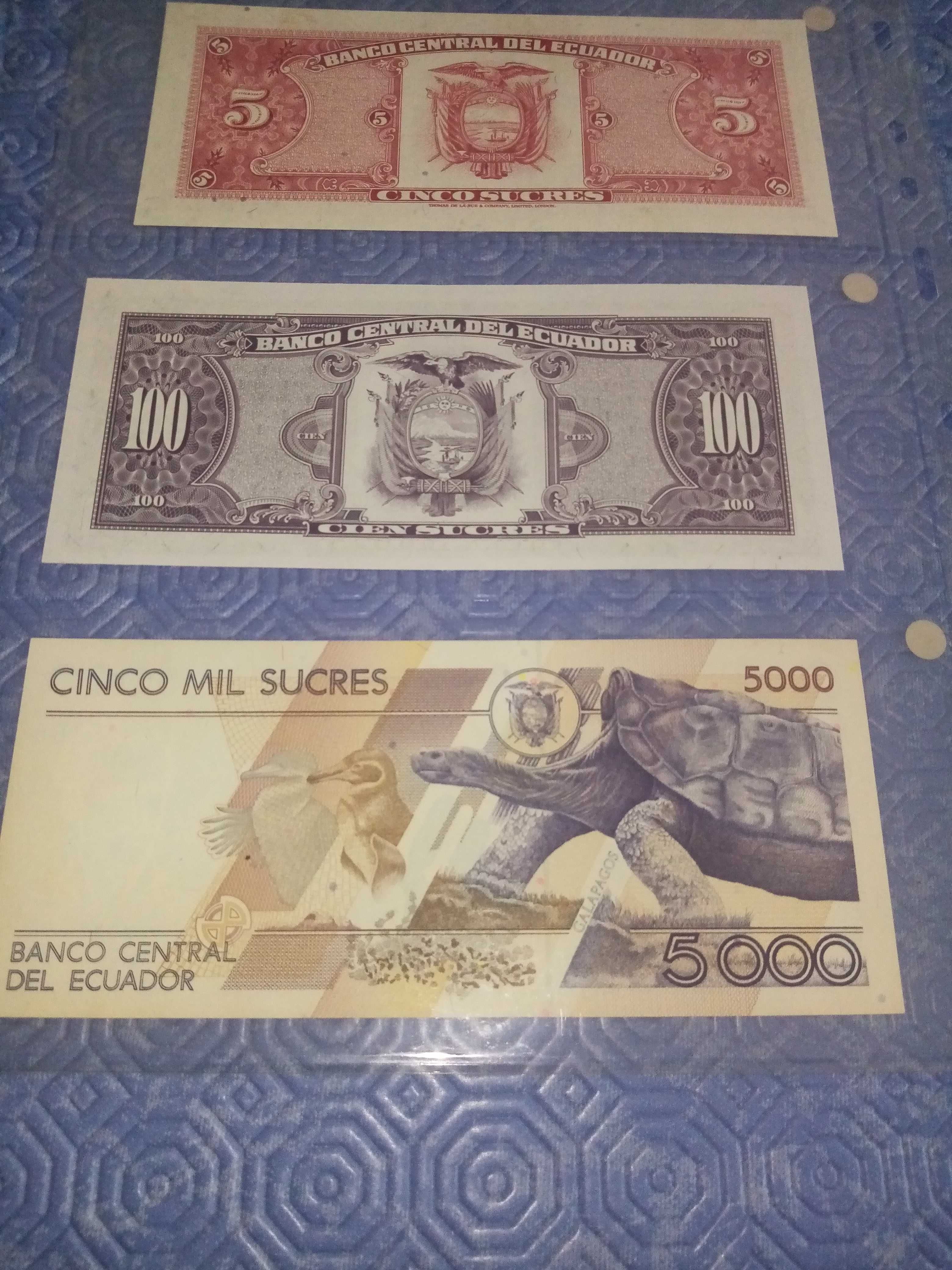 EQUADOR 3 NOTAS NOVAS  NÃO CIRCULADAS  5, 100 e 5000 sucres ver fotos.