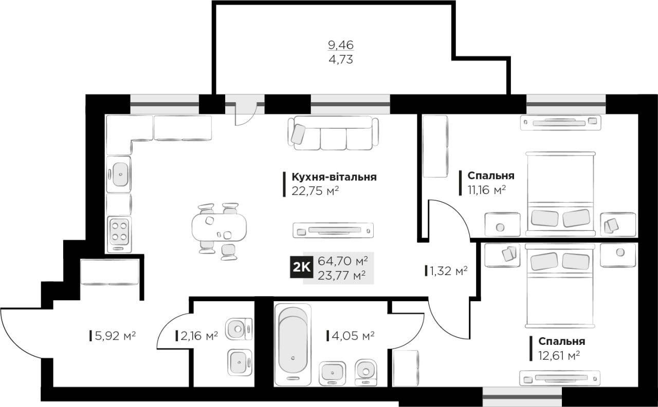 Продаж 2 кімнатної квартири 64.7 кв. м по вул. Галицька Винники