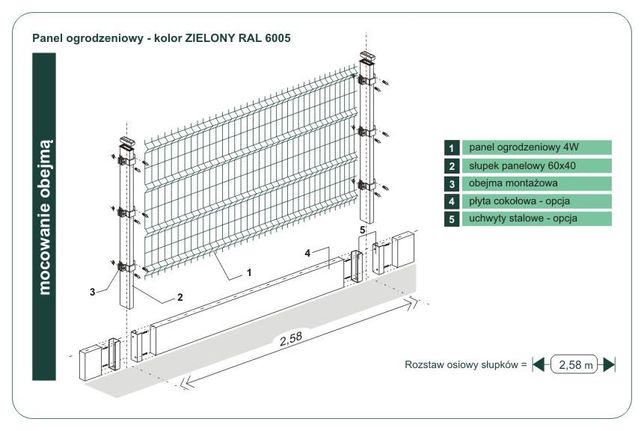 Panele ogrodzeniowe OC+RALpanele fi 4, 1530mm + podmurówka+ MONTAŻ