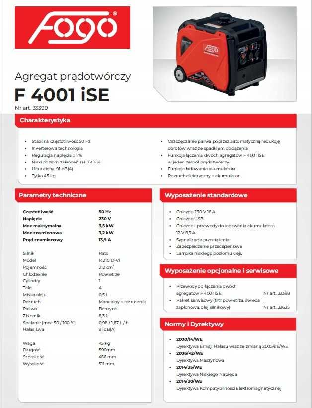 Agregat Prądotwórczy Inwenterowy  FOGO F4001iSE  3.5 KW Od Ręki.