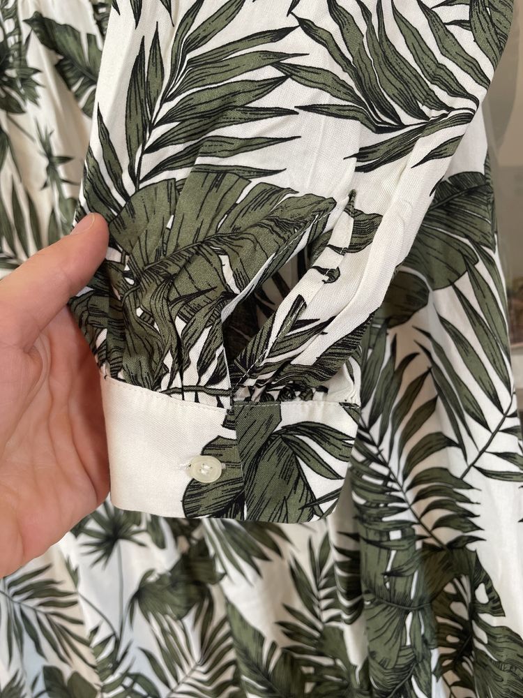 H&M letnia overs sukienka khaki wiskoza monstera liście palmy V nowa L