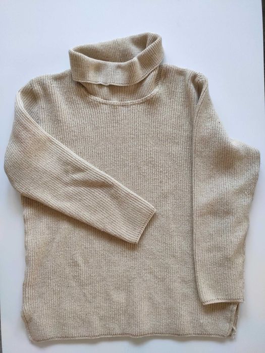 beżowy sweter z golfem prążkowany wełniany z jedwabiemS M