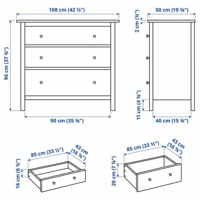 HEMNES - Cómoda c/3 gavetas, velatura branca, 108x96 cm