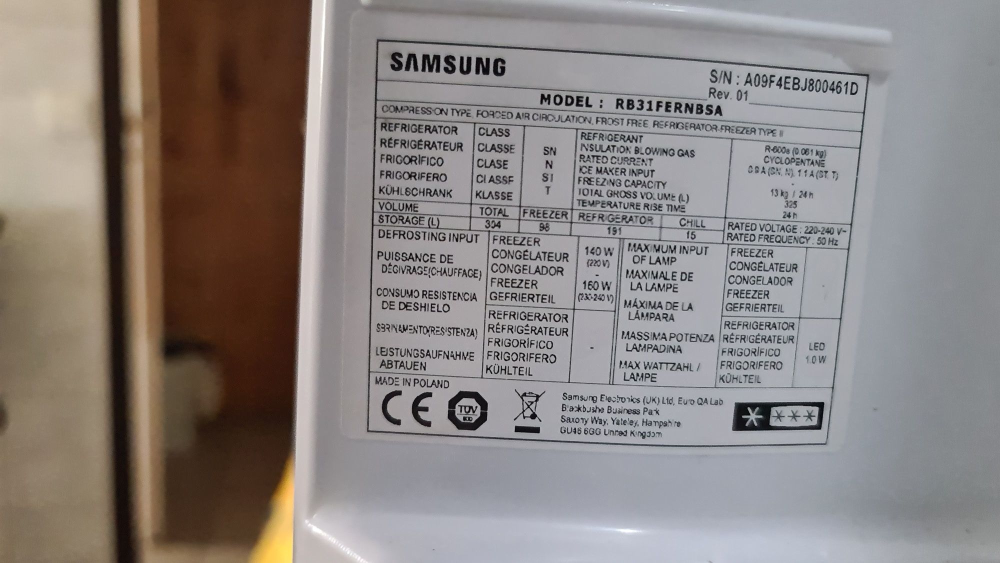 Lodówka Samsung model RB31FERNBSA A++, REZERWACJA