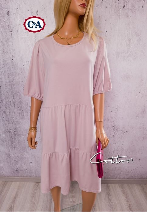 Luźna bawełniana sukienka pudrowy róż casual rękaw 3/4 2xl/3xl/4xl