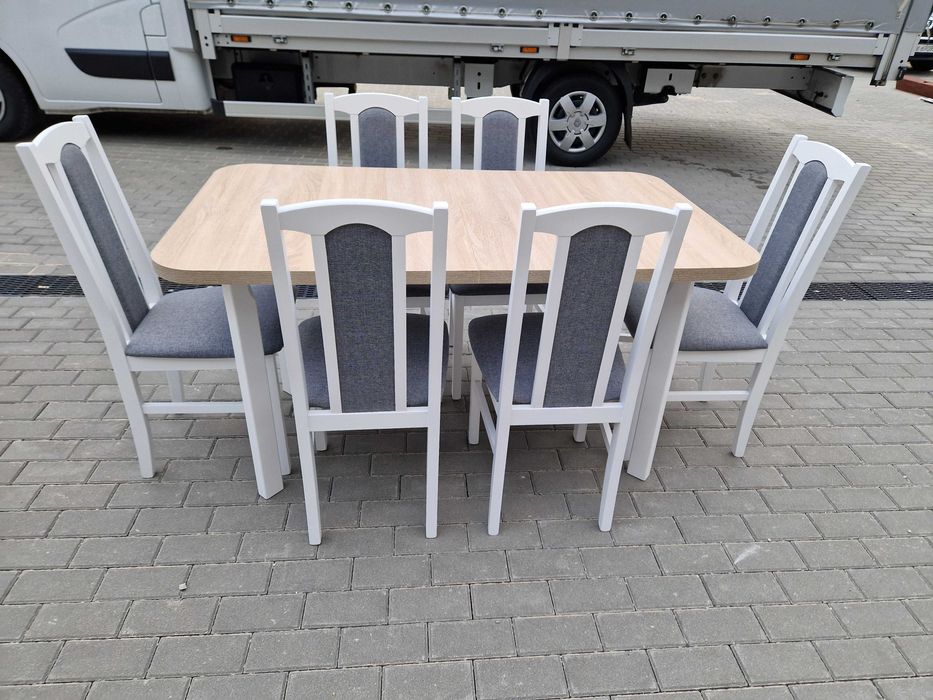 OD RĘKI: Stół rozkładany + 6 krzeseł, NOWE , biały/sonoma + szary