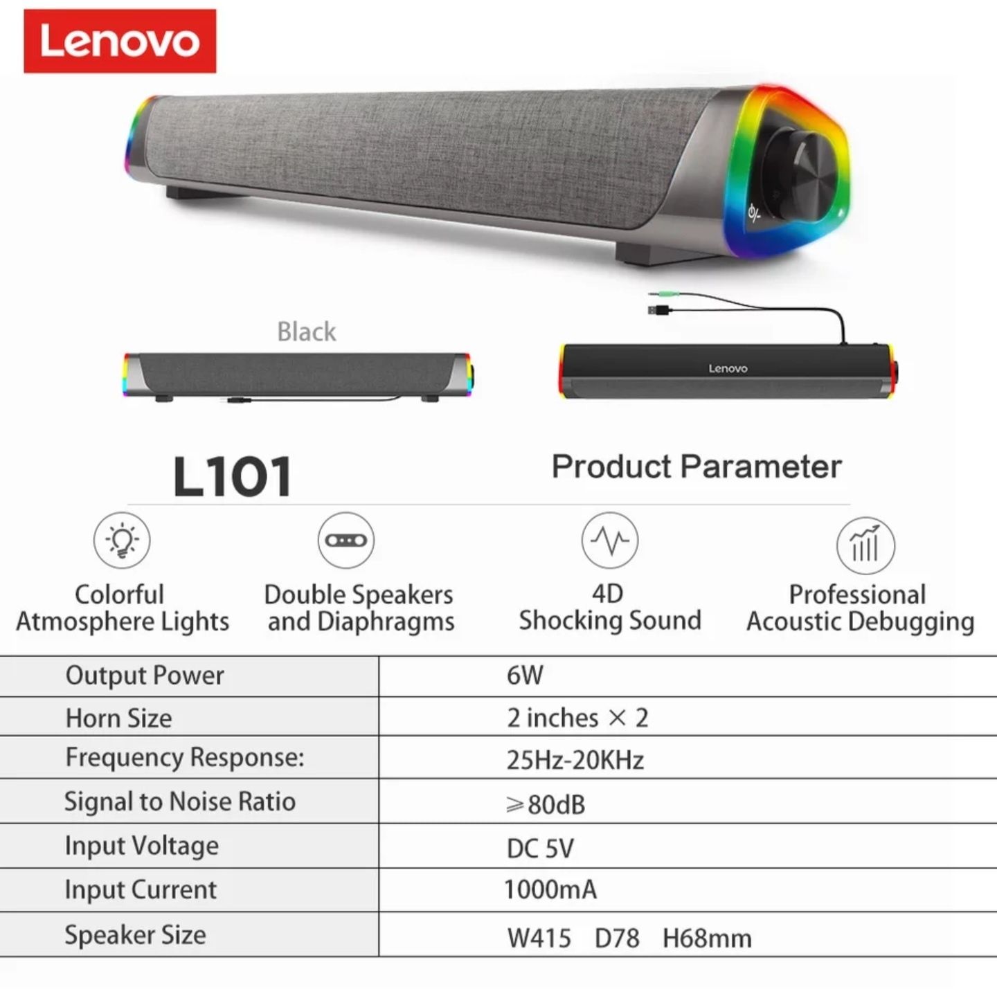 LED RGB Głośnik LENOVO bluetooth + jack 3.5mm