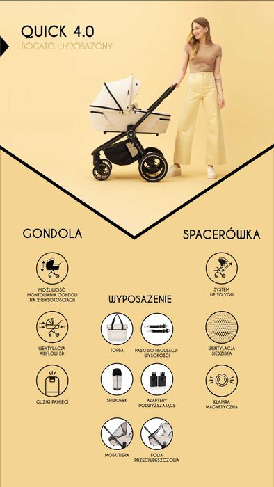 Wózek Muuvo Quick 4.0 2w1 Lekki Składany Gondola+Spacerówka +Adaptery