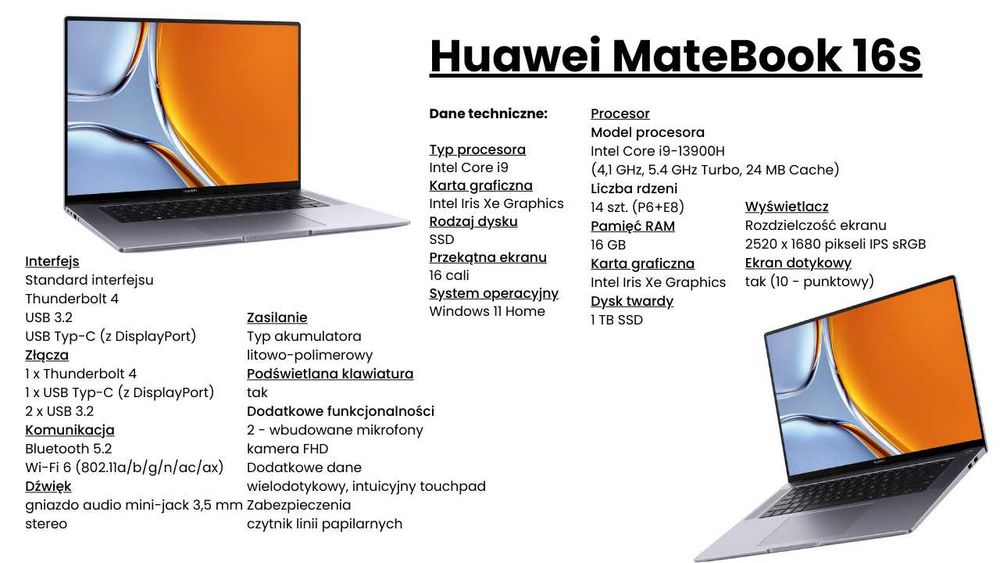 Huawei MateBook 16S -i9-13900H | 16''|16GB|1TB|W11H|Szary