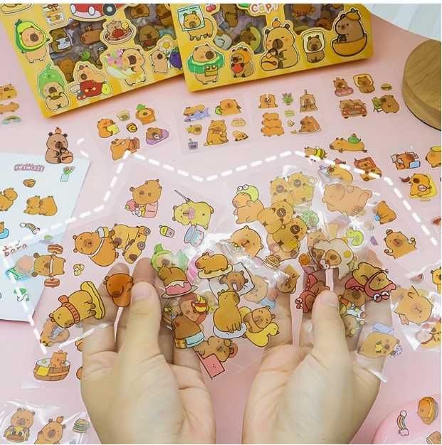 pudełko prezent 100 arkuszy naklejki wlepy Kapibara kawaii