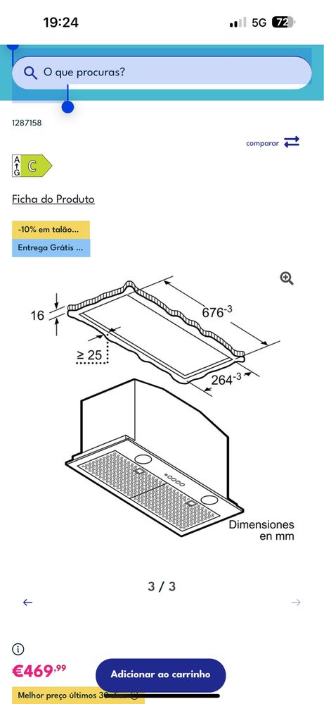 EXAUSTOR BALAY 3BF277EX de 70cm (Capacidade de Extracção 730 m3(NOVO)