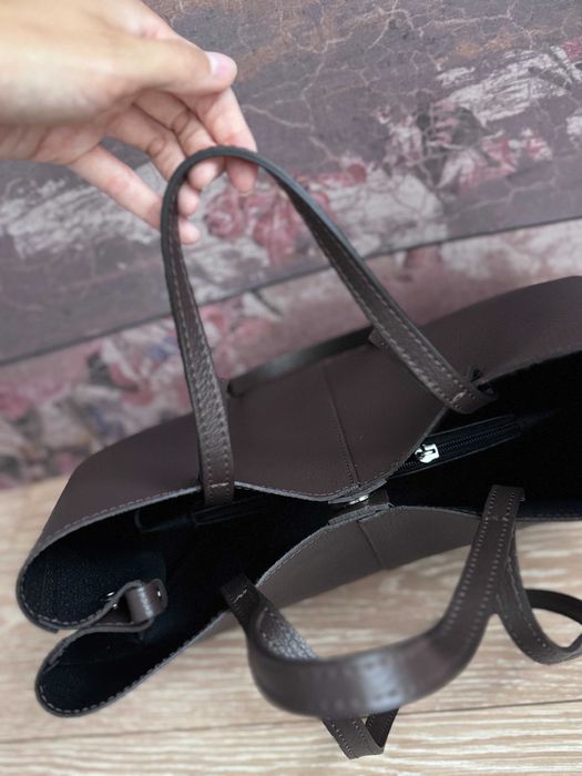 BRĄZOWY shopper z kosmetyczką skóra naturalna Made In Italy