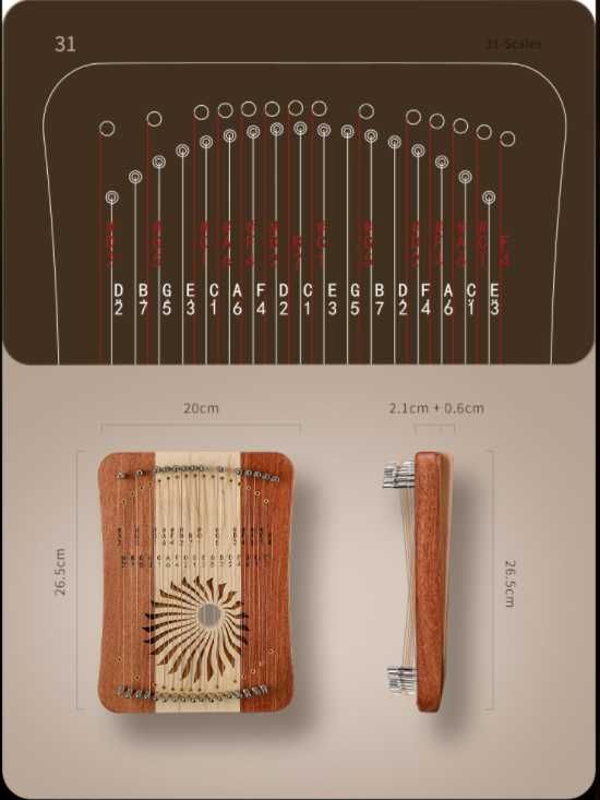 Kalyra 31 strun Hluru KL31-Maple&ZambianPad Kalimba Lira Harfa Cytra