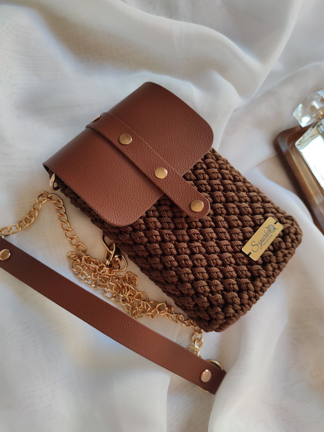 Torebka mini phone bag brąz handmade skórzana