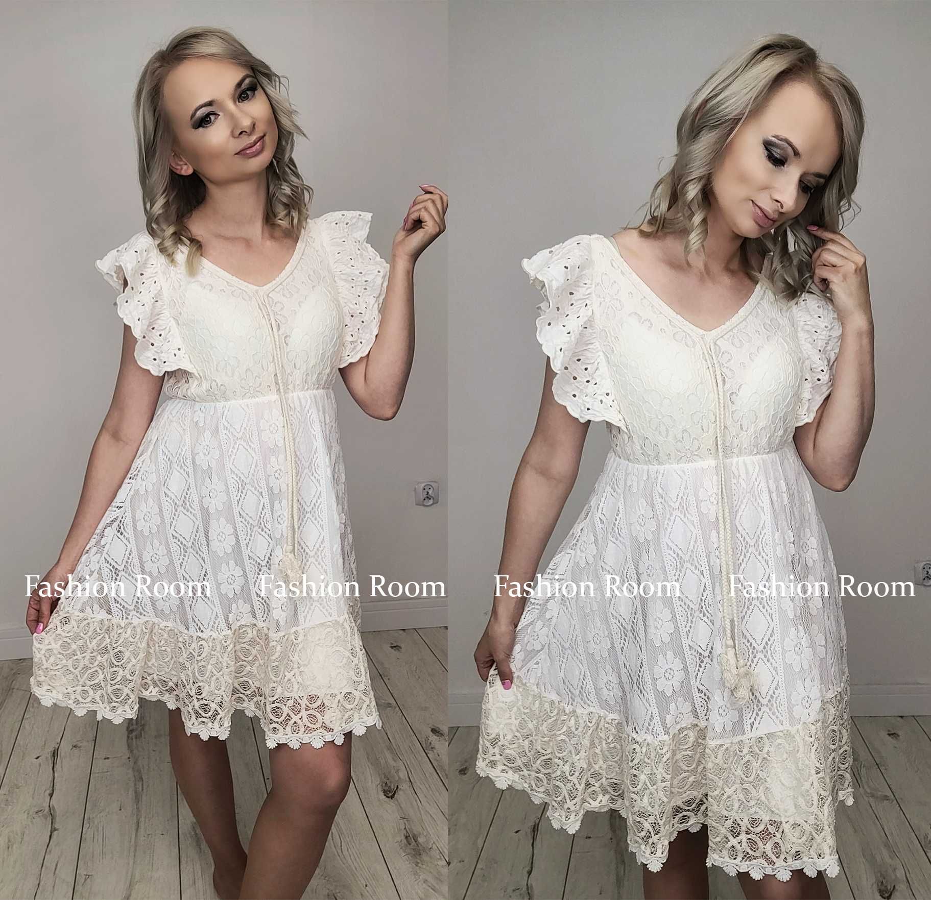 Sukienka BOHO romantyczna kolor kość słoniowa ecru nude UNI