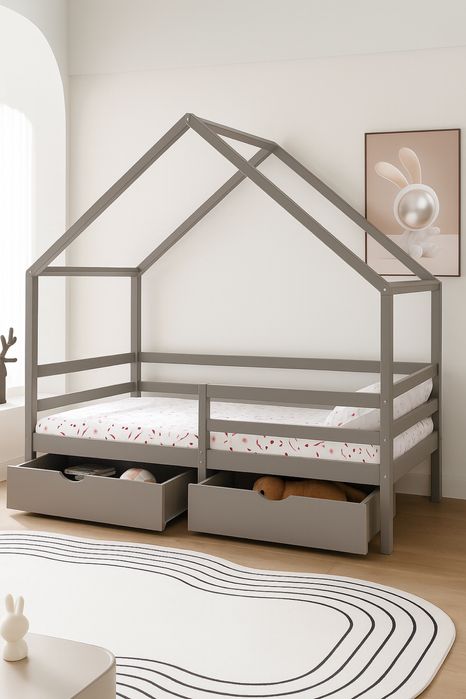 cama de madeira tipo casa na árvore para crianças com duas gavetas