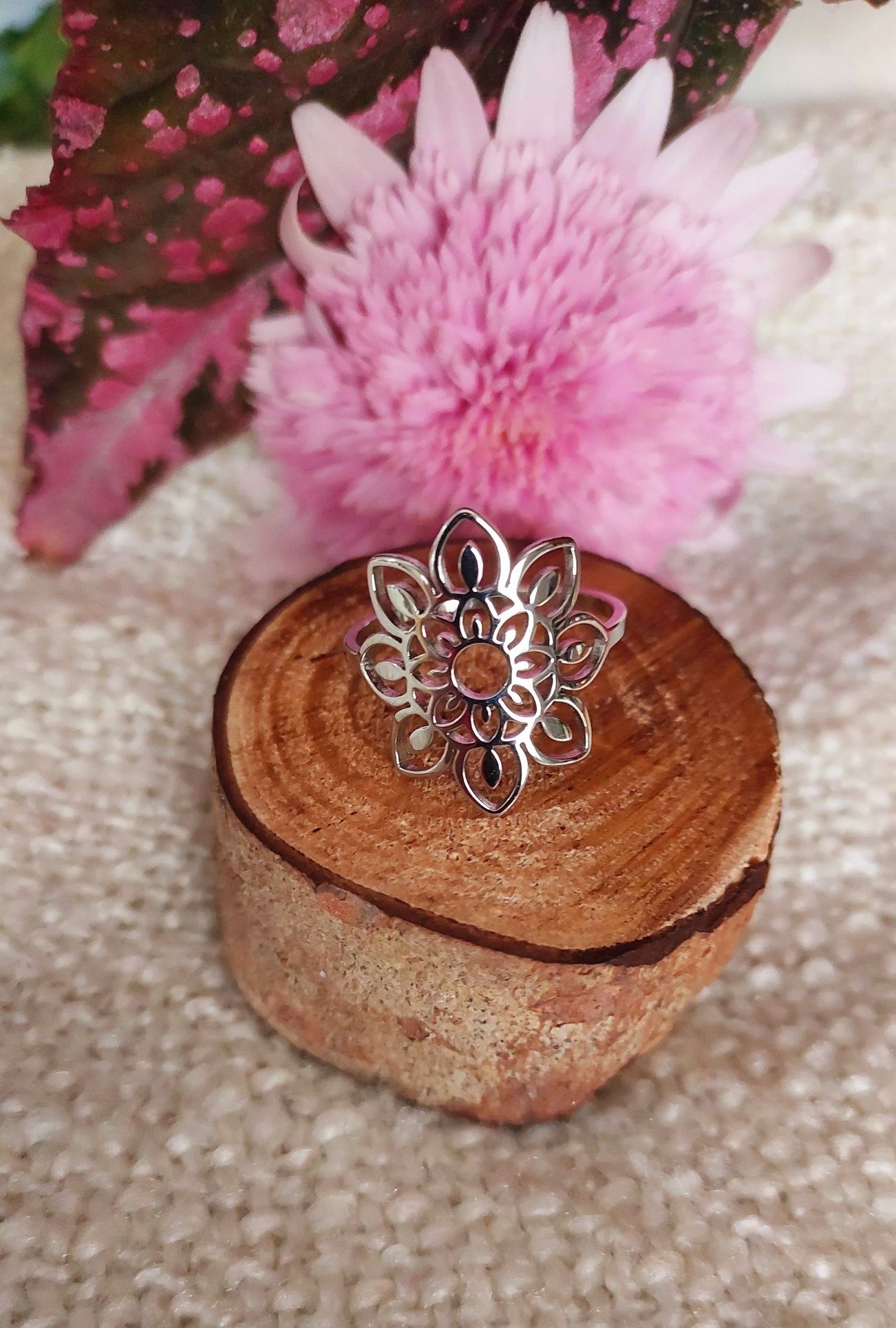 Anel aço inoxidável prateado com mandala